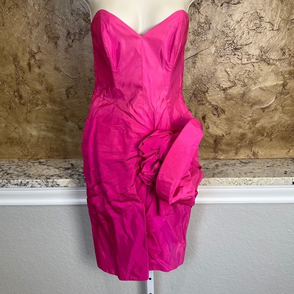 Tadashi Strapless Dress Sz 6 Pink Vintage Ruched Rosette Party‎ Prom Made in USA